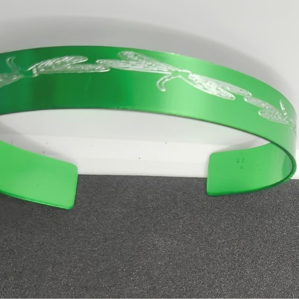 Hand Crafted Engraved Cuff Bracelet Green Dragonfly